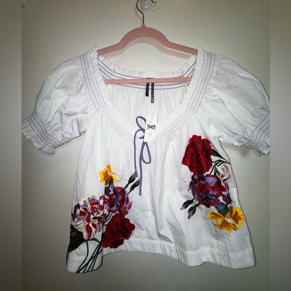 NWT - Anthropologie White Floral Embroidered Puff Sleeve Top